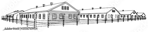 Foto Linear vector illustration of wooden barracks behind a barbed wire fence in a pr