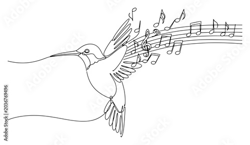 Fotografie Minimalist single line drawing of a hummingbird flying with musical notes traili