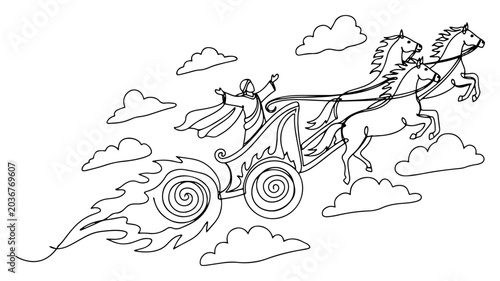 Photos Continuous line drawing of a fiery chariot with horses flying through the clouds