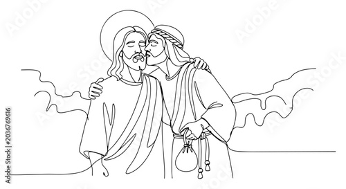 Принти на полотні Continuous one line drawing of Judas Iscariot kissing Jesus Christ while holding