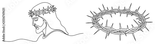 Photos Continuous line drawing of Jesus Christ wearing crown of thorns during crucifixi