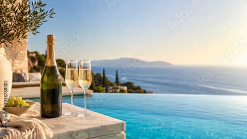 Sparkling wine glasses by infinity pool with luxury sea view at sunset