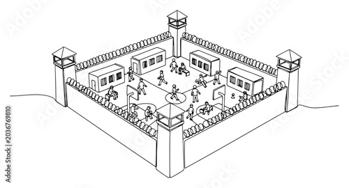Obraz na płótnie Continuous line illustration of a high security prison complex in isometric pers