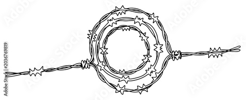 Fotografía Continuous line drawing of coiled barbed wire representing a restricted border a