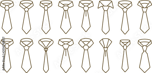 Bild auf Leinwand Brown tie icons, necktie outlines, 16 minimalist designs, vector graphics