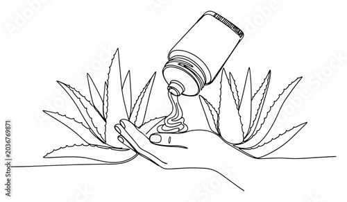 Foto Continuous one line drawing of natural aloe vera gel being applied to a hand