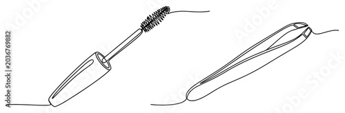 Fotografía Continuous line drawing of mascara wand and cosmetic tweezers for beauty care