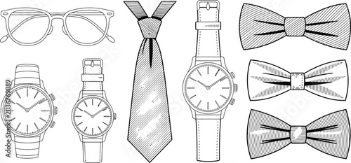 Tableau sur toile Grayscale men's accessories, watches, ties, bowties, glasses, vector icons