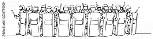 Schilderij op canvas One line drawing of a formation of riot police with shields and batons for crowd