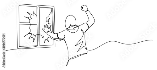 Foto Continuous line illustration of a person in a hoodie raising a fist next to a br
