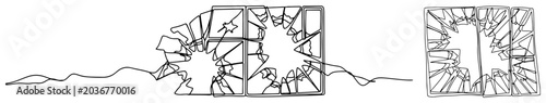 Fotografie Continuous line drawing of broken windows and shattered glass as a symbol of des