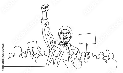 Continuous one line drawing of an activist leader speaking into microphone with raised fist