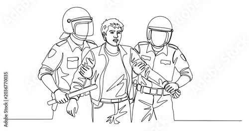 Konstfotografi Continuous one line drawing of police officers arresting a person during a publi