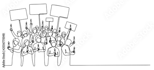 Foto Continuous line drawing of a peaceful protest crowd holding candles and blank pl
