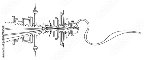 Cuadro en lienzo Continuous one line drawing of a modern city skyline with skyscrapers reflected