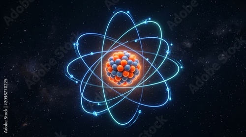 3D Atomic Nucleus Model with Orbiting Electrons in Dark Space Futuristic Science Concept