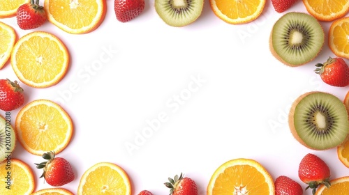 Fresh fruit slices border design on white background. Possible use for nutrition, healthy eating, and food