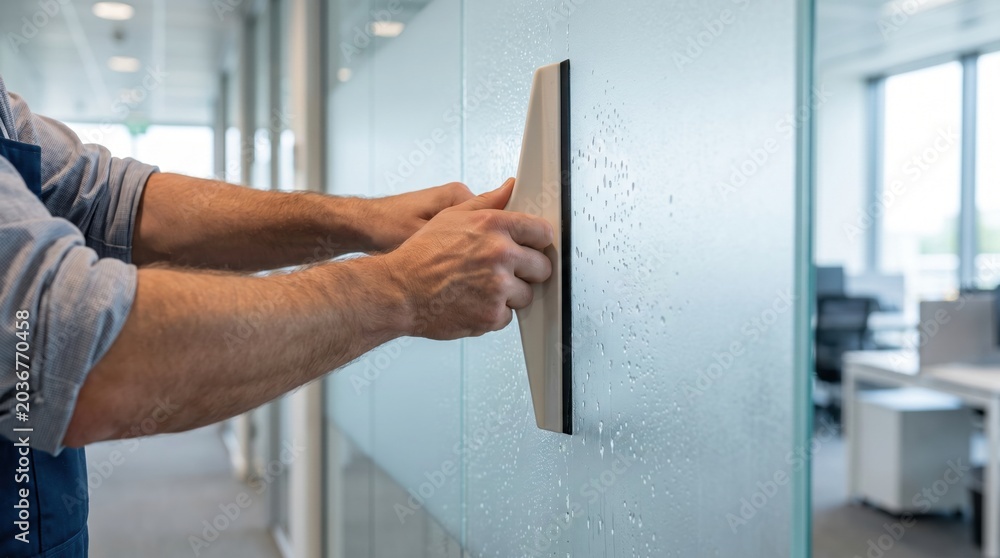 Naklejka premium Janitor using a professional squeegee to clean a frosted glass partition wall in a modern office