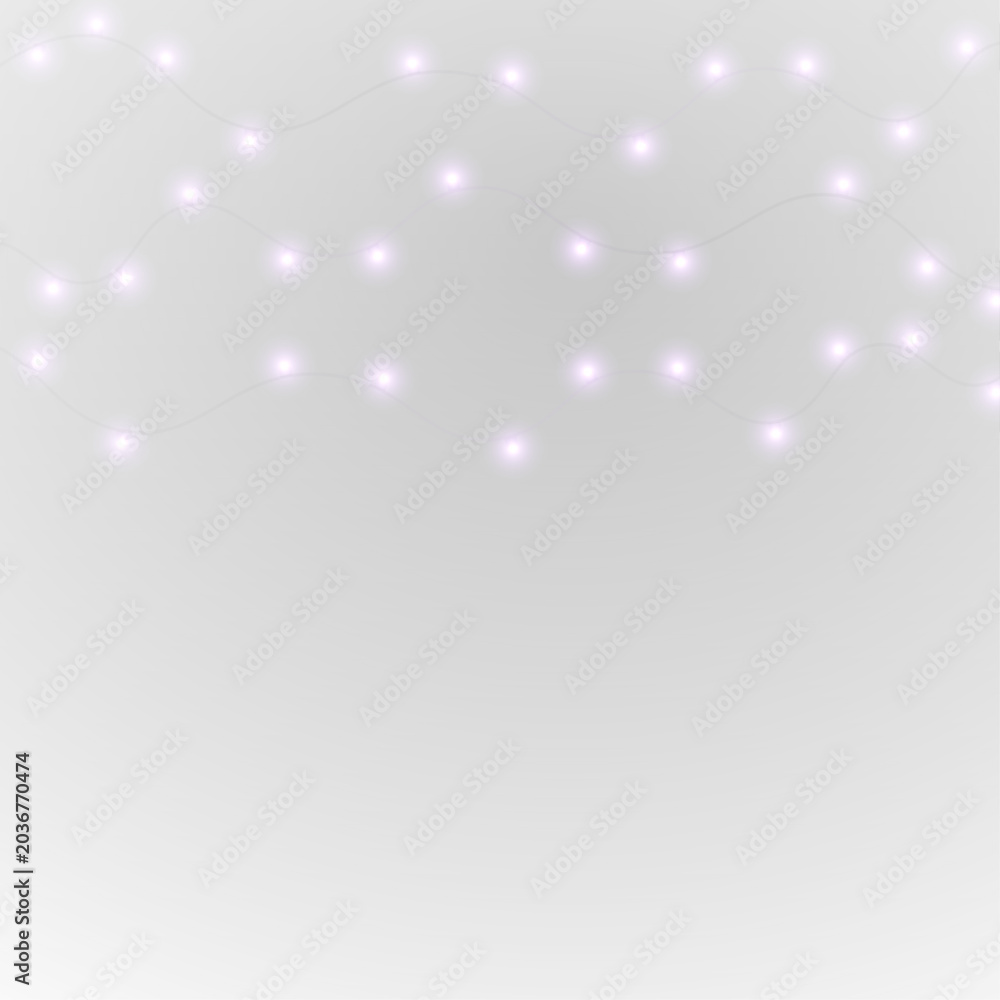 Fototapeta premium Bright purple fairy lights shine with realistic reflections and glowing bulbs. PNG festive illumination is isolated on transparent background. Ideal for Christmas cards and web graphics.
