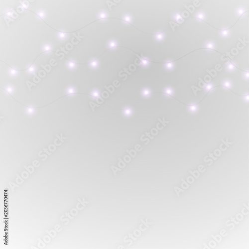 Bright purple fairy lights shine with realistic reflections and glowing bulbs. PNG festive illumination is isolated on transparent background. Ideal for Christmas cards and web graphics.
