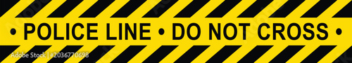 Foto police line do not cross black and yellow stripes warning sign board, attention