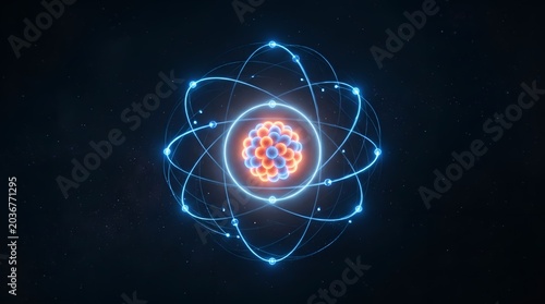Glowing atom model floating in dark space