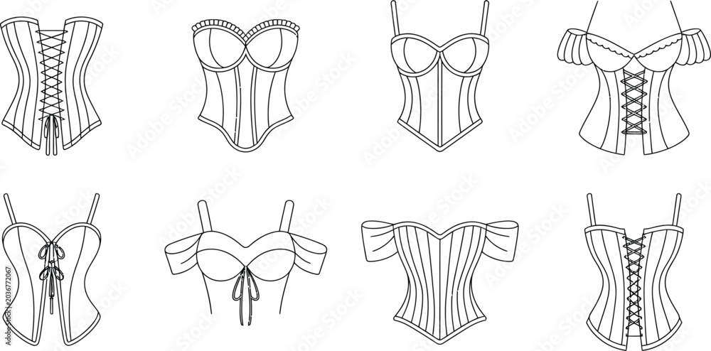 Ταπετσαρία Corset, lingerie, and bodice vector illustrations, fashion design elements, 8 co