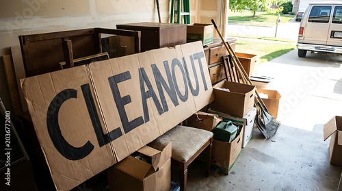 Residential garage cleanout with cardboard boxes tools and handmade sign.