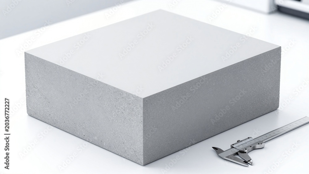 Naklejka premium High quality grey concrete block sample with a metal vernier caliper for precise measurement on white background