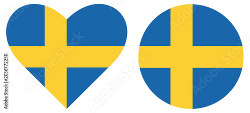 Sweden flags collection. Flag of Sweden isolated in heart. Round flag of Sweden in circle shape.