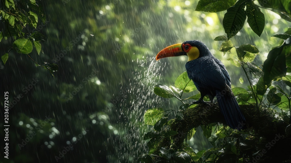 Obraz premium Toucan in rainforest during rain shower; nature wildlife photo