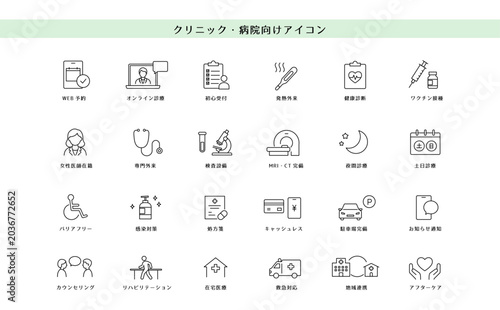 クリニック・病院向けアイコンセット 医療サービスと診療案内のシンプル線画素材