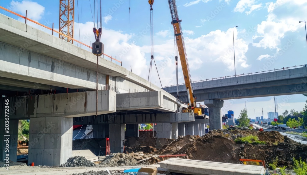 Naklejka premium Construction of elevated highway bridge with crane lifting concrete segment.