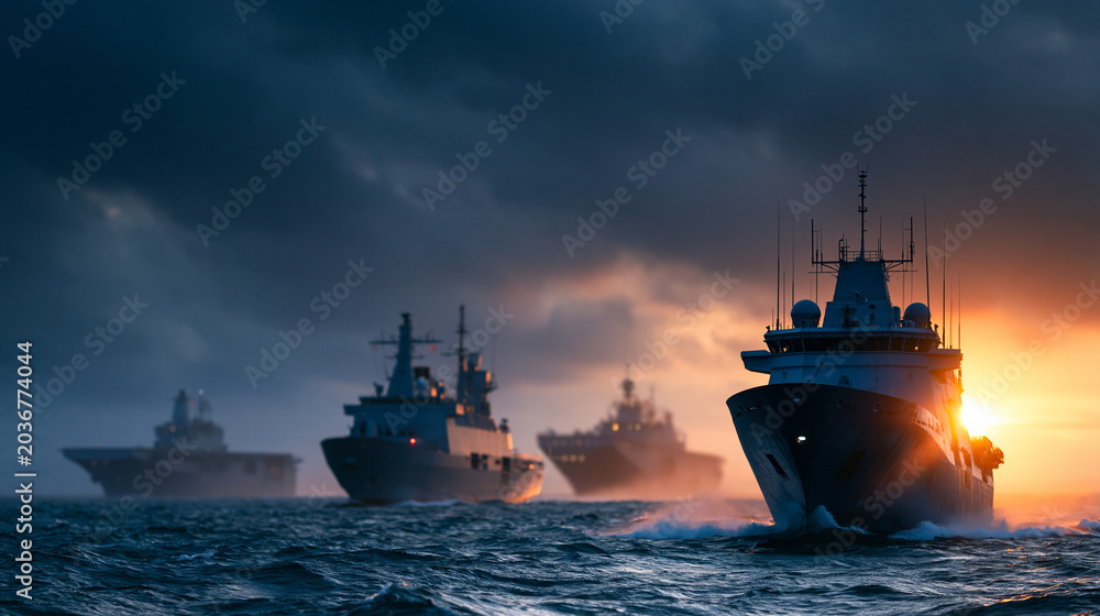 Fototapeta premium Naval fleet maneuvering under dramatic clouds at sunset ocean, maritime operations, sea-based forces, strategic positioning, warship formation, oceanic deployment, naval power