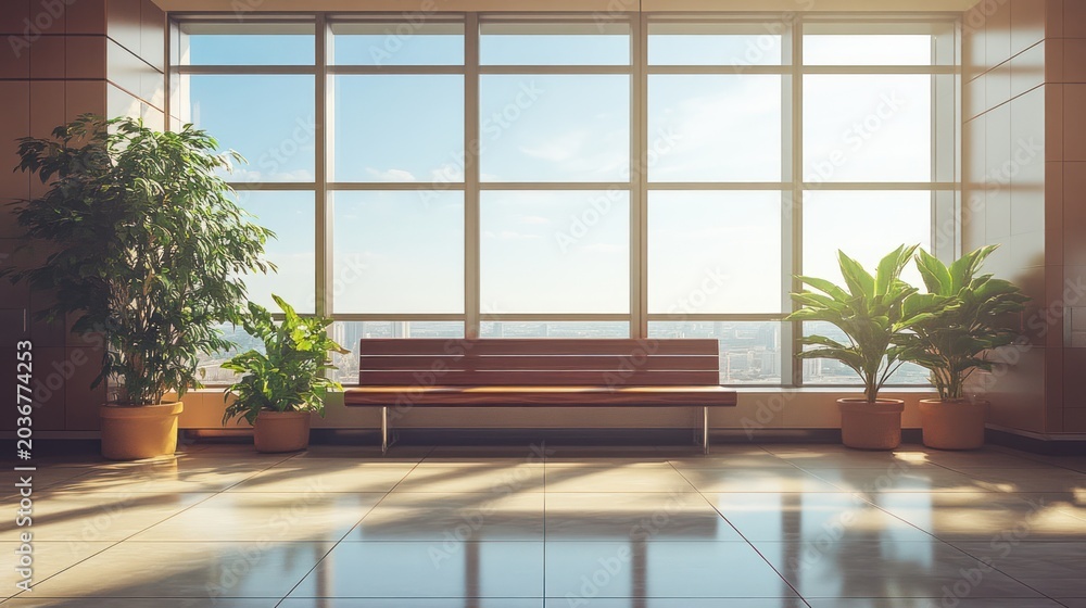 Obraz premium Modern lobby with large windows, sunlight, plants, and bench. Interior office waiting area