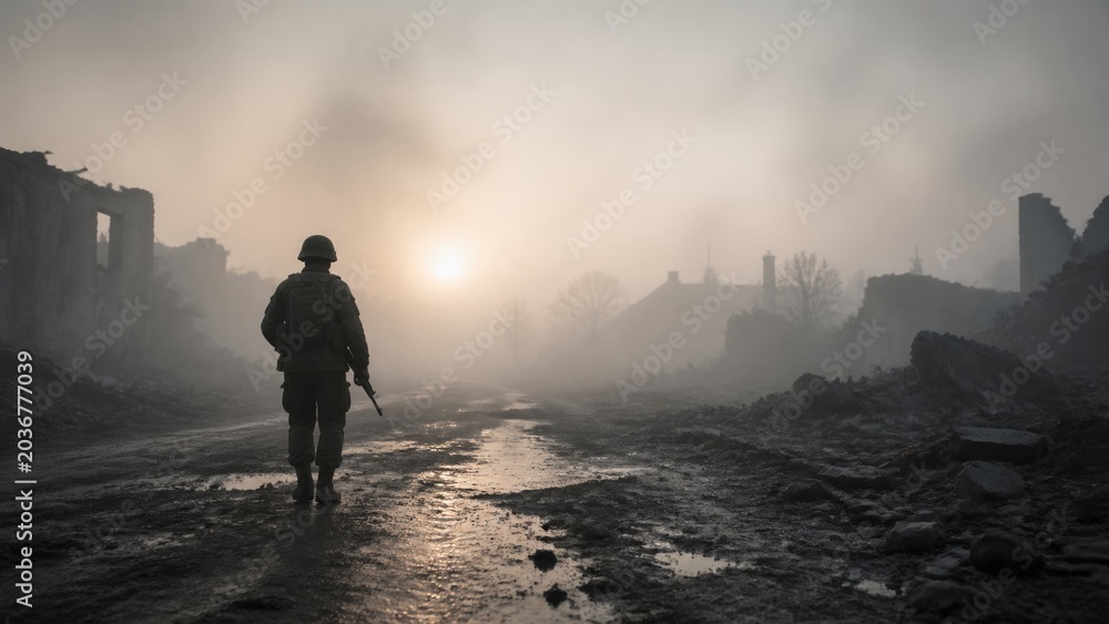 Fototapeta premium Soldier walks through destroyed city at dawn with debris and smoke around