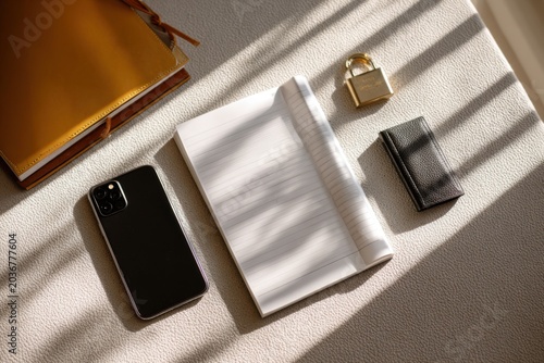 A desk setup includes a notebook, computer screen, smartphone, and a small lock emphasizing organized workspace tools, digital and analog productivity