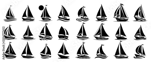 Quadro su tela Collection of sailboat and yacht icons, nautical silhouettes of sailing ships on