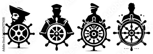 Tableau sur toile Set of captain and pirate silhouettes at ship steering wheel, maritime navigatio