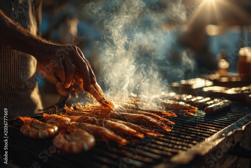 Grilled prawns and sausages are being turned on a barbecue grill emphasizing outdoor cooking, smoky flavor preparation, and casual summer grilling process