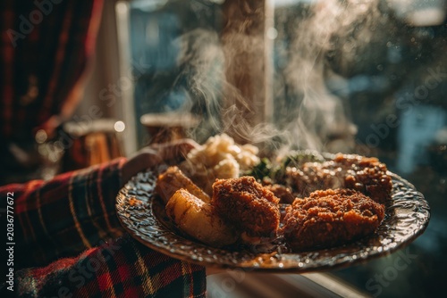 A person holds a plate of traditional Scottish food near a window emphasizing home-style serving, cultural cuisine presentation, and natural light food styling