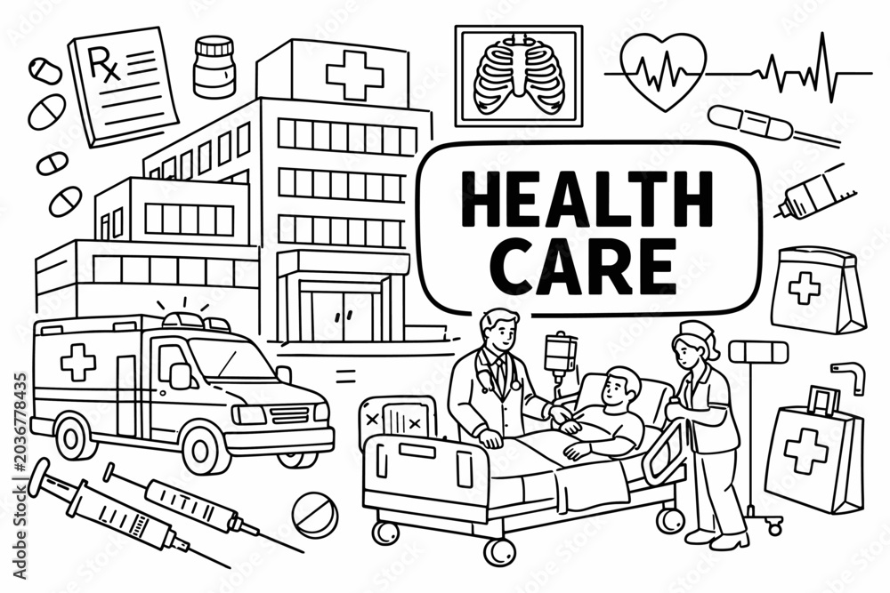 Naklejka premium Diverse medical elements illustrate comprehensive healthcare services and hospital operations