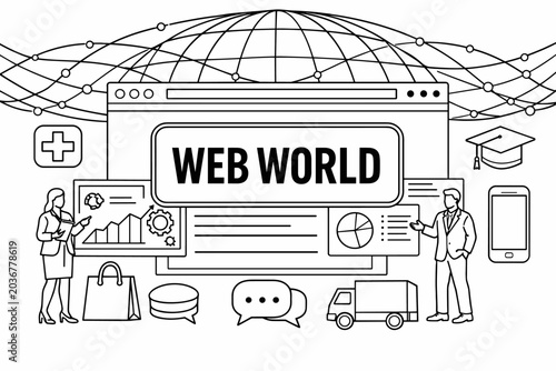 Global web world concept with business, education, and commerce elements