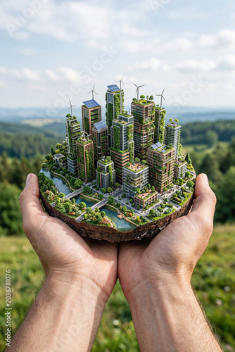 Man holding mini ecosystem with green city buildings, solar panels and wind turbines. Sustainable urban development and ecology concept. Eco friendly town model for sustainable living.