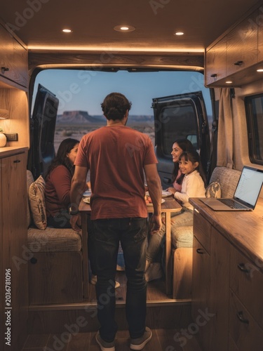 Happy Family Enjoying a Meal Inside a Modern Camper Van with Open Doors Overlooking a Desert Landscape at Twilight