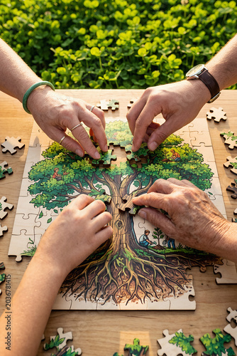 Family doing tree puzzle on wooden table in garden. Hands of woman, man and child putting pieces of nature illustration together. Ecology concept, environment protection, teamwork.