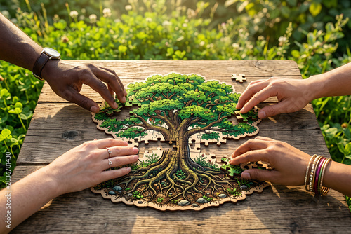 Group of people connecting wooden puzzle tree. Ecological sustainability and nature conservation concept. Teamwork and environmental protection effort for Earth Day in sunny garden.