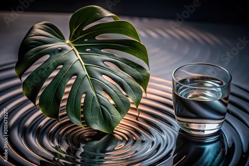 Monstera Leaves on White Background With Glass Ripple and Refreshing Water