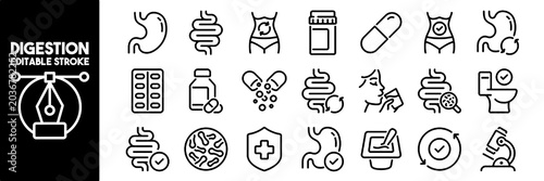 Fényképezés Set of Editable Stroke Outline Icons Related to Digestion, Intestine, Stomach an