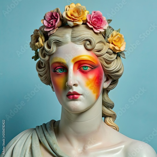 Venus De Milo Statue Adorned With Floral Crown and Smoky Eyes Makeup in Artistic Display